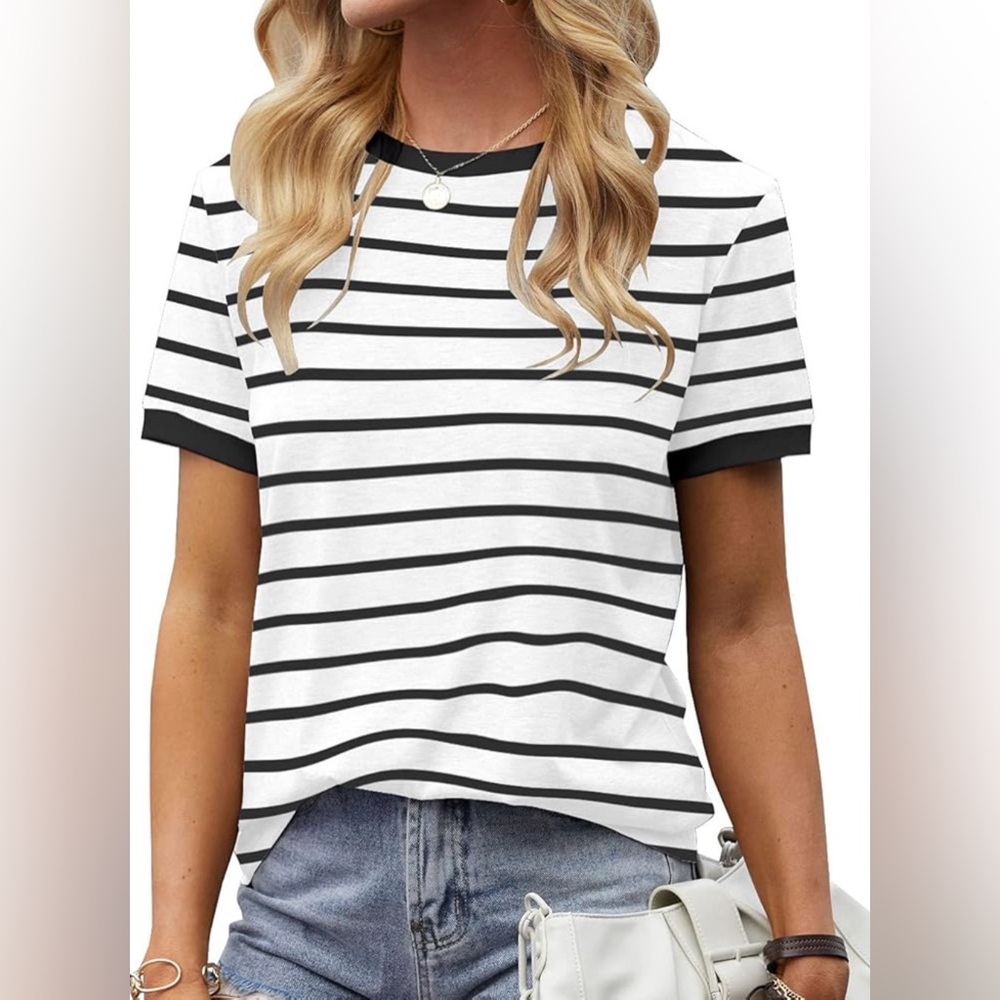 Womens T Shirt Short Sleeve Crew Neck Basic Color Block Tee Tops